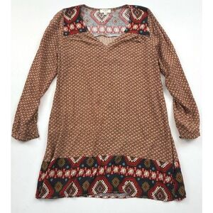 Umgee Tunic Dress‎ Aztec Print Long Sleeve Casual Boho Mini Dress S
